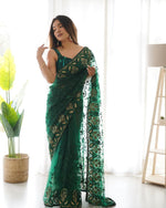 Thumbnail for Teeya Creation Green Color Butterfly Net Heavy Zari Work Ston And Mirror Work Saree - Distacart