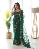 Thumbnail for Teeya Creation Green Color Butterfly Net Heavy Zari Work Ston And Mirror Work Saree - Distacart