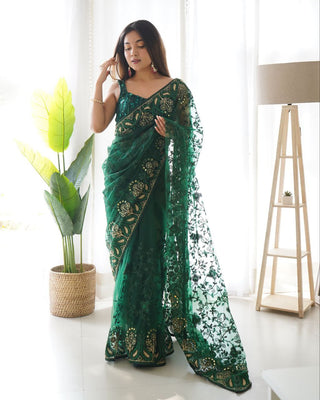 Teeya Creation Green Color Butterfly Net Heavy Zari Work Ston And Mirror Work Saree - Distacart