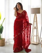 Thumbnail for Teeya Creation Red Color Butterfly Net Heavy Zari Work Ston And Mirror Work Saree - Distacart