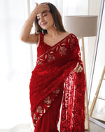Thumbnail for Teeya Creation Red Color Butterfly Net Heavy Zari Work Ston And Mirror Work Saree - Distacart