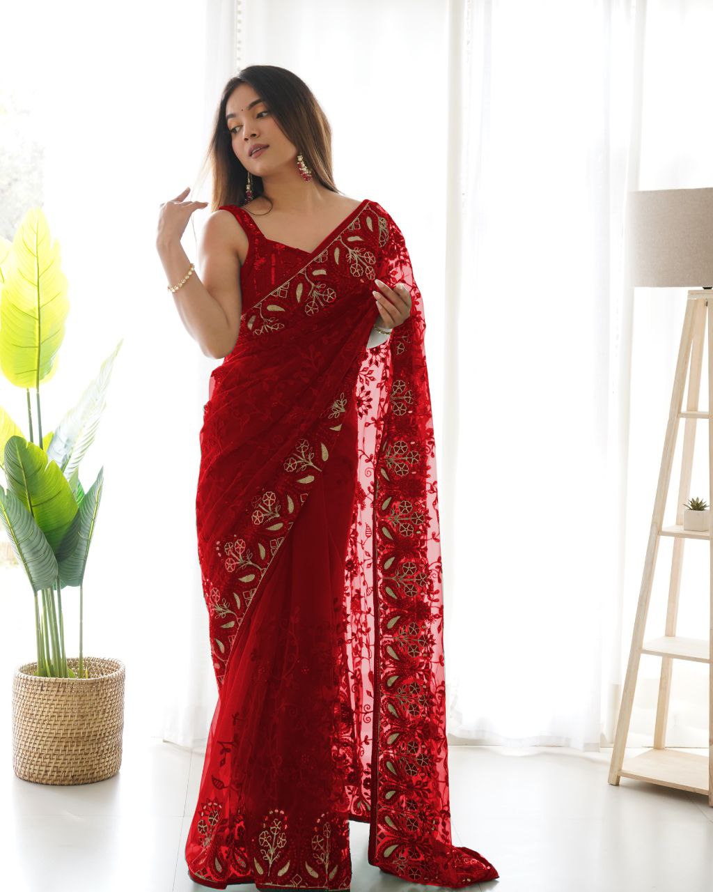 Teeya Creation Red Color Butterfly Net Heavy Zari Work Ston And Mirror Work Saree - Distacart