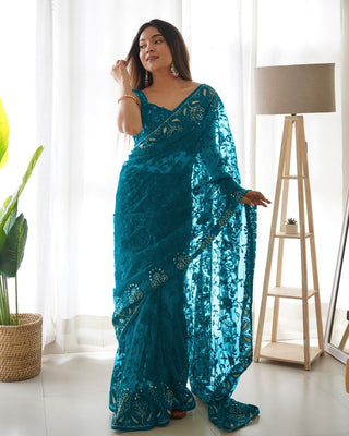 Teeya Creation Sky Color Butterfly Net Heavy Zari Work Ston And Mirror Work Saree - Distacart
