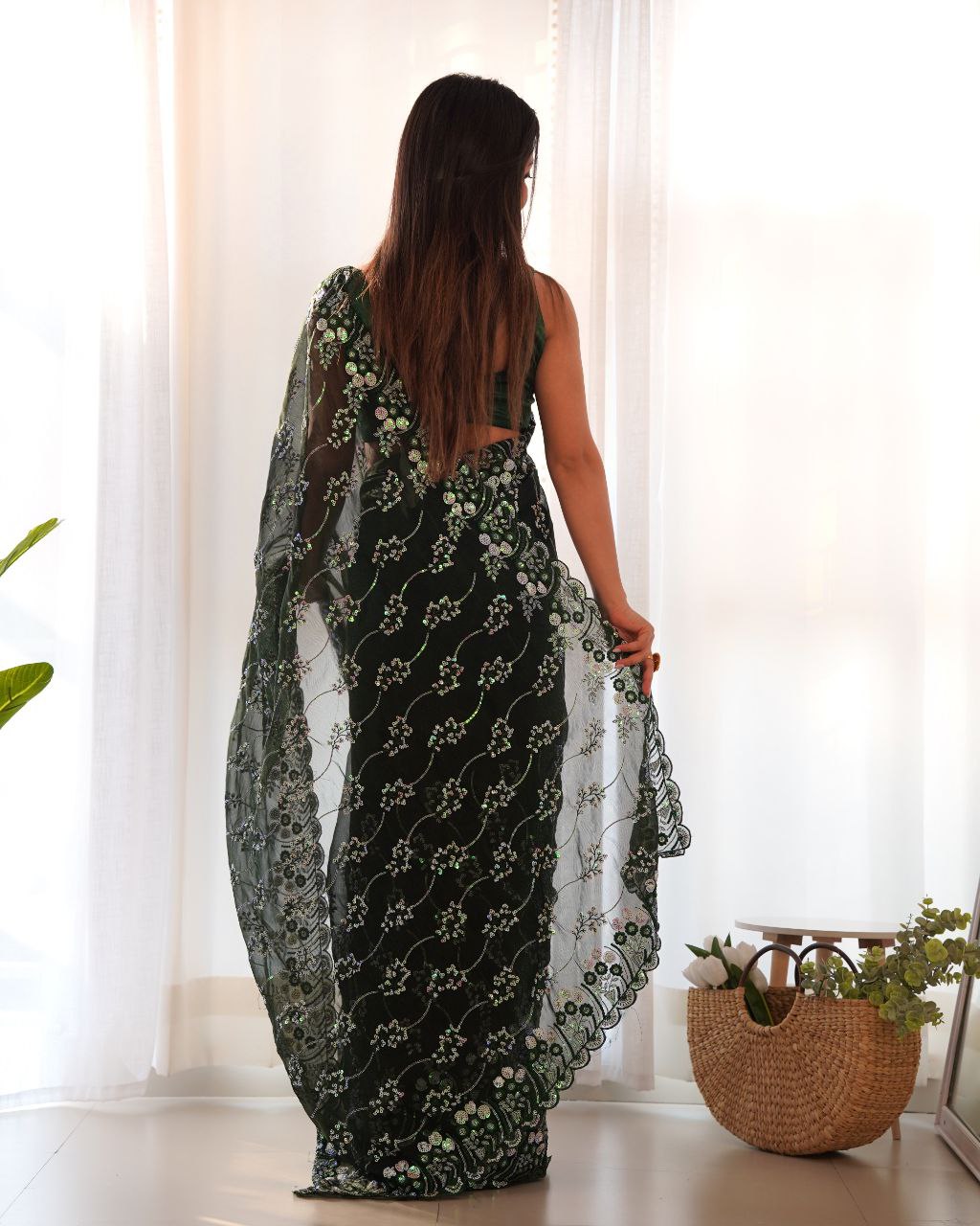 Teeya Creation Green Color Simar Blooming Emrblodiery Sequence Work Saree - Distacart