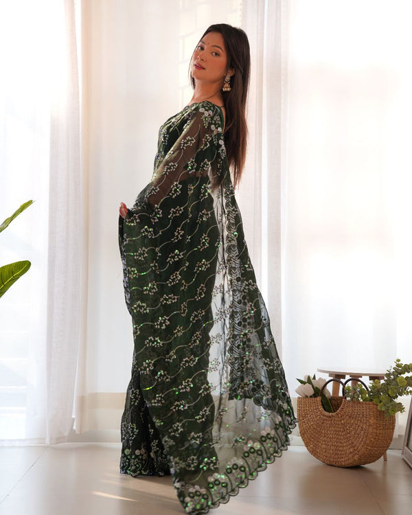 Teeya Creation Green Color Simar Blooming Emrblodiery Sequence Work Saree - Distacart