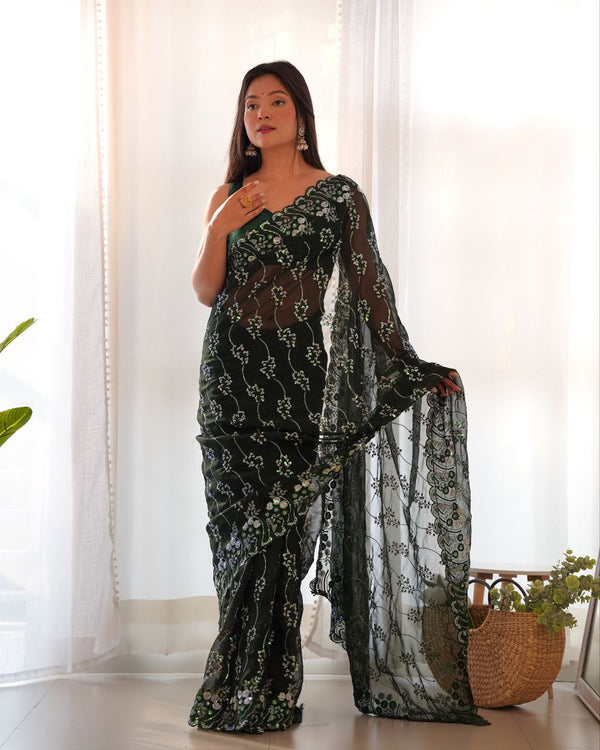 Teeya Creation Green Color Simar Blooming Emrblodiery Sequence Work Saree - Distacart