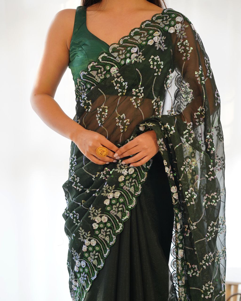 Teeya Creation Green Color Simar Blooming Emrblodiery Sequence Work Saree - Distacart