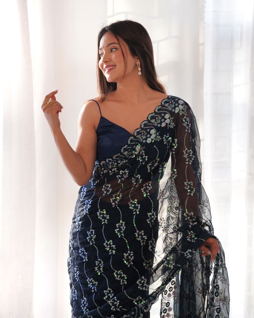 Teeya Creation Navy Blue Color Simar Blooming Emrblodiery Sequence Work Saree - Distacart