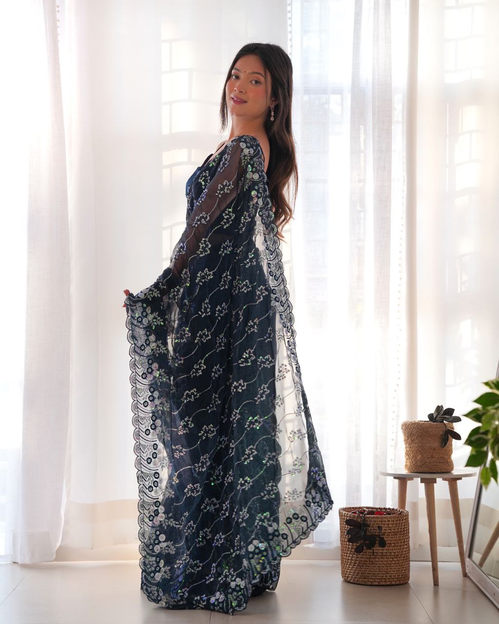 Teeya Creation Navy Blue Color Simar Blooming Emrblodiery Sequence Work Saree - Distacart