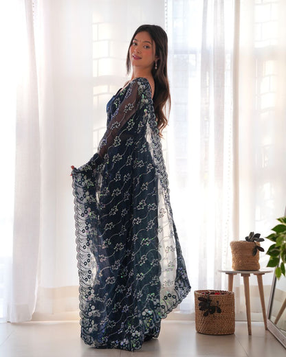 Teeya Creation Navy Blue Color Simar Blooming Emrblodiery Sequence Work Saree - Distacart