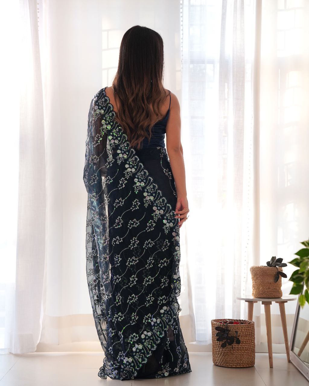 Teeya Creation Navy Blue Color Simar Blooming Emrblodiery Sequence Work Saree - Distacart