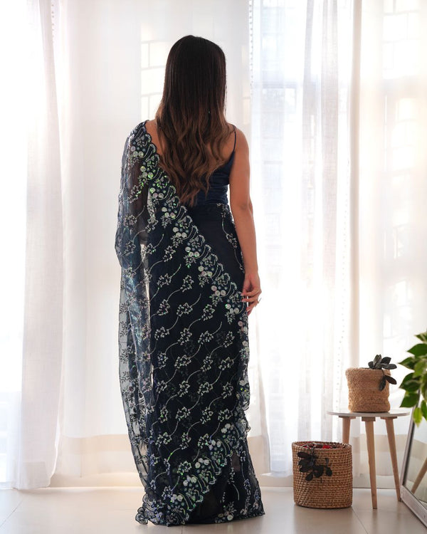 Teeya Creation Navy Blue Color Simar Blooming Emrblodiery Sequence Work Saree - Distacart
