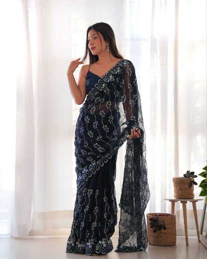 Teeya Creation Navy Blue Color Simar Blooming Emrblodiery Sequence Work Saree - Distacart