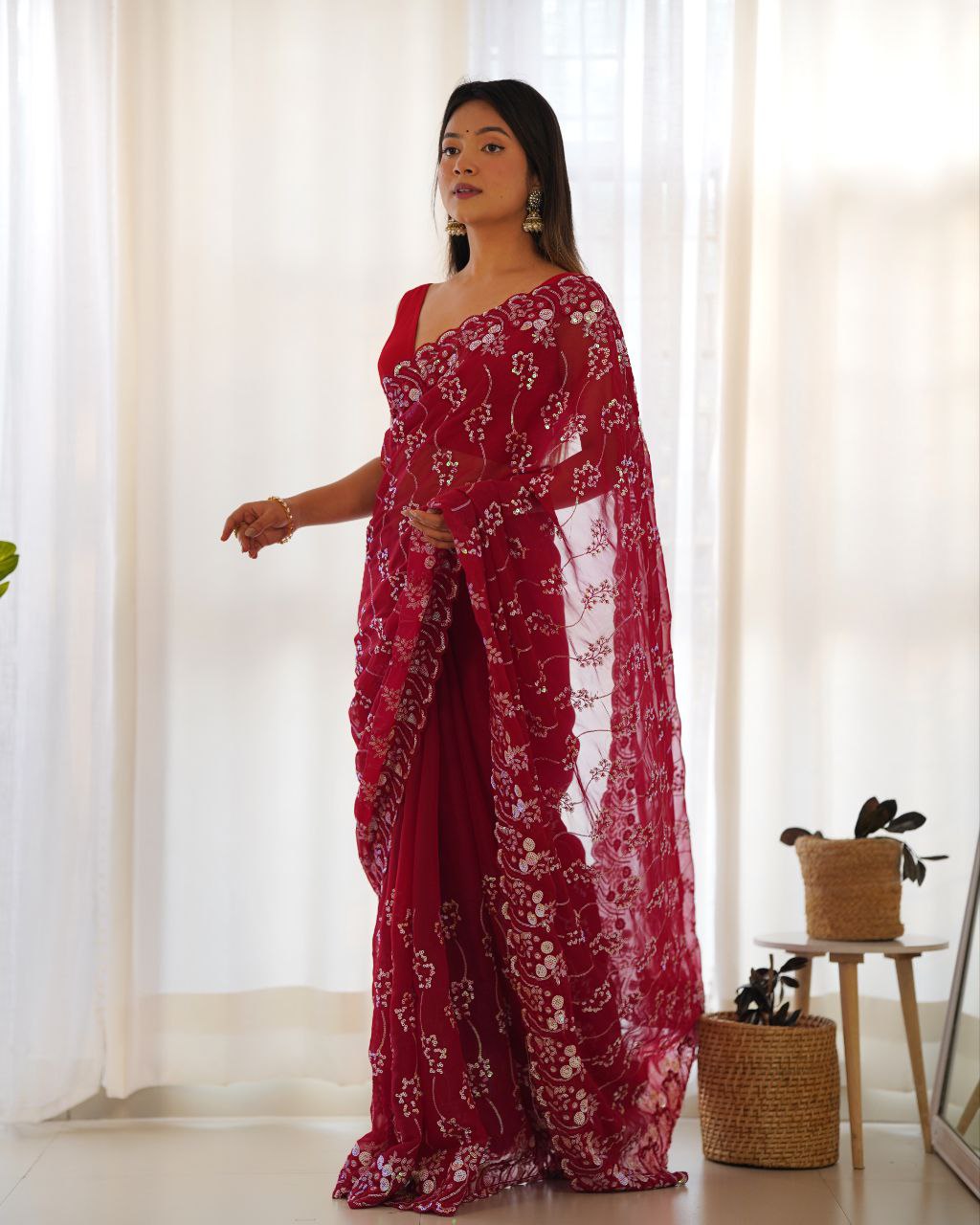 Teeya Creation Red Color Simar Blooming Emrblodiery Sequence Work Saree - Distacart