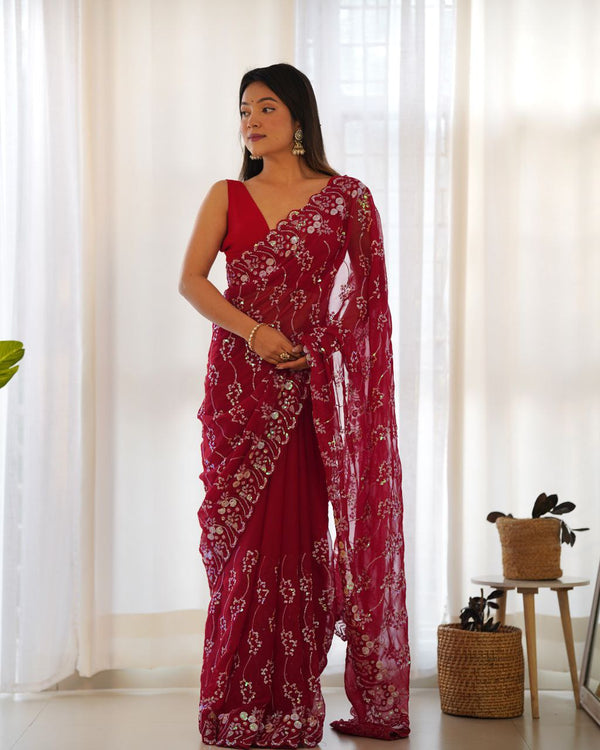 Teeya Creation Red Color Simar Blooming Emrblodiery Sequence Work Saree - Distacart