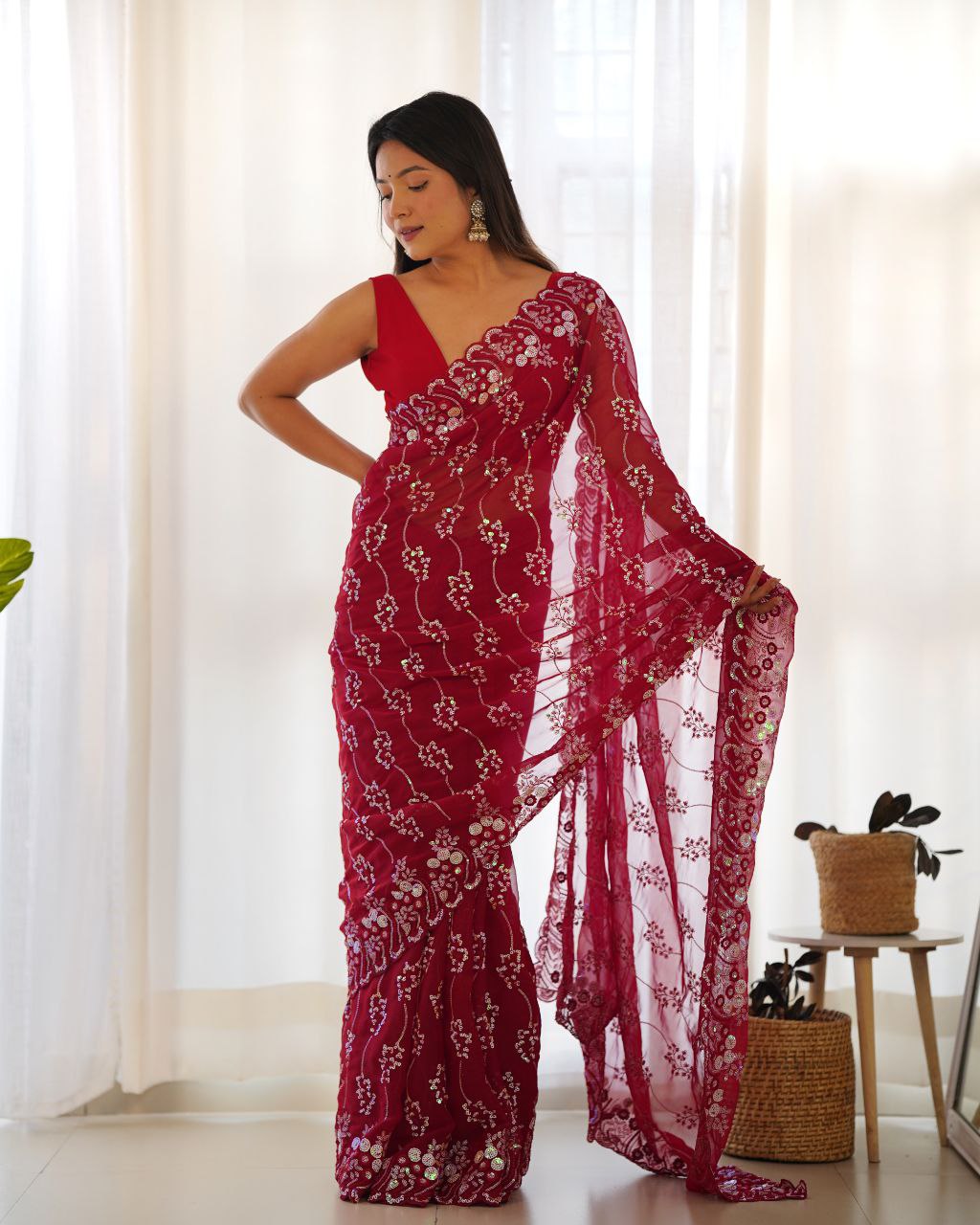 Teeya Creation Red Color Simar Blooming Emrblodiery Sequence Work Saree - Distacart