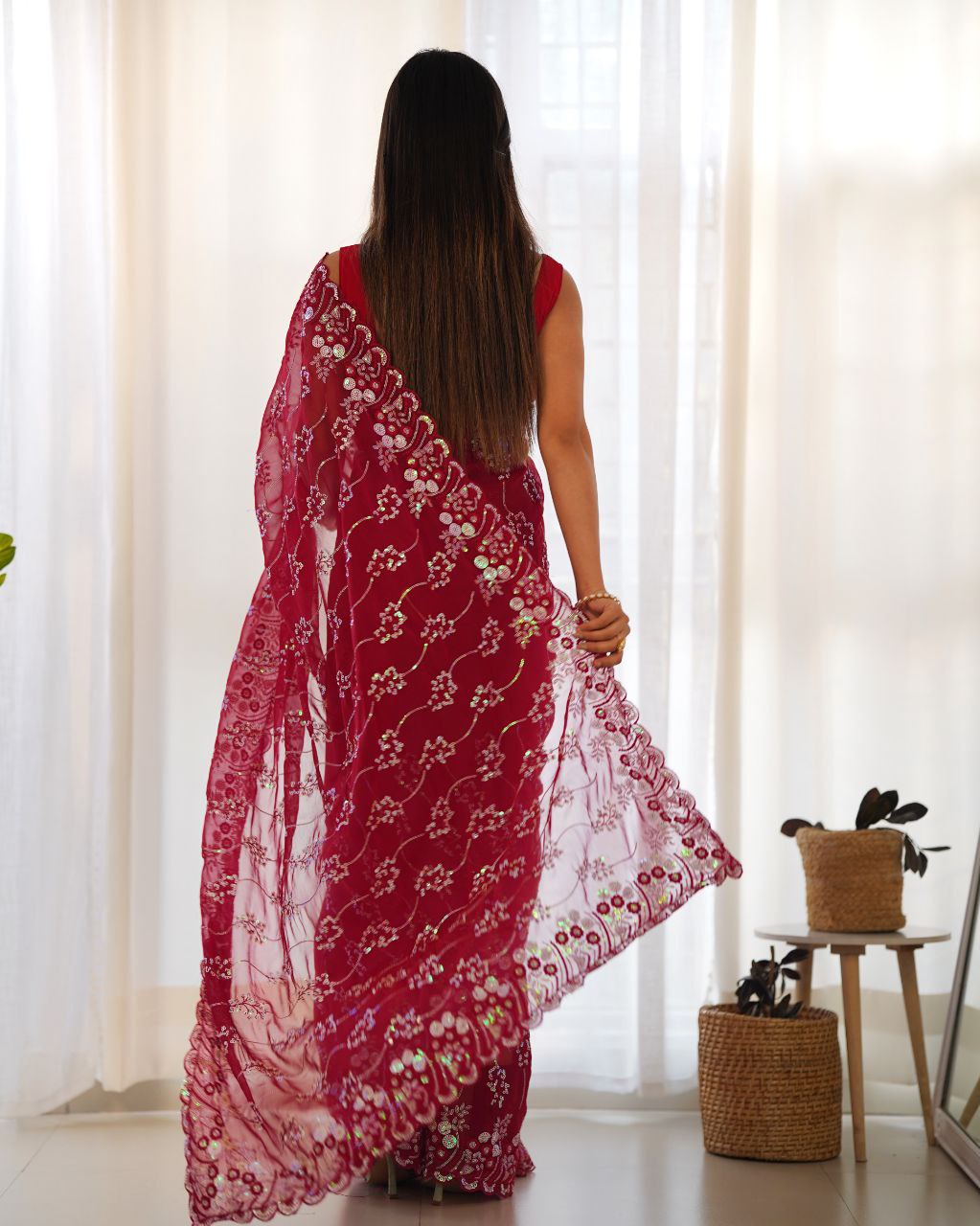 Teeya Creation Red Color Simar Blooming Emrblodiery Sequence Work Saree - Distacart