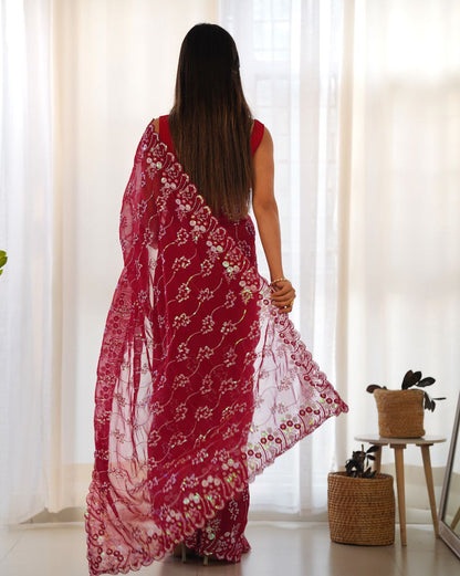 Teeya Creation Red Color Simar Blooming Emrblodiery Sequence Work Saree - Distacart