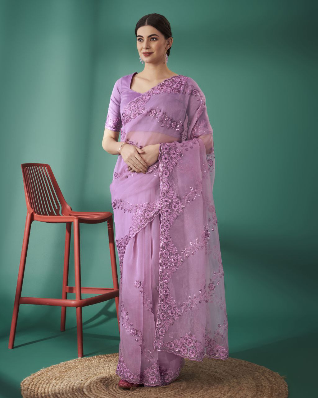 Teeya Creation Pink Color Organza Silk Heavy Sequence And Embroidery Work Saree - Distacart