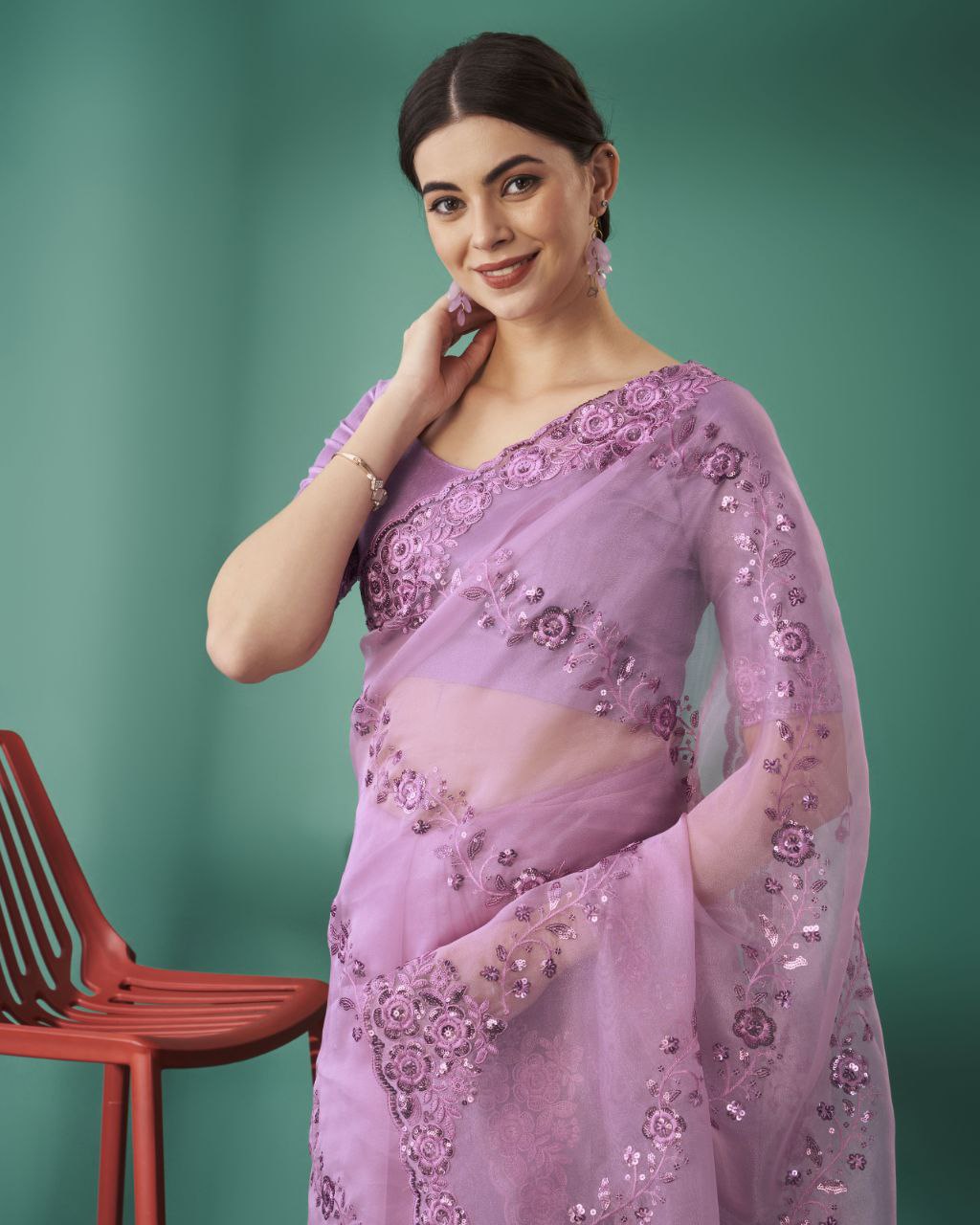 Teeya Creation Pink Color Organza Silk Heavy Sequence And Embroidery Work Saree - Distacart