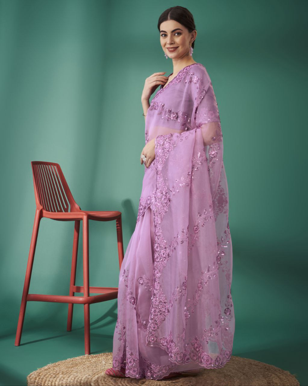 Teeya Creation Pink Color Organza Silk Heavy Sequence And Embroidery Work Saree - Distacart