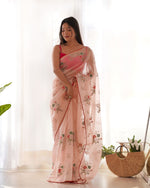 Thumbnail for Teeya Creation Peach Color Khadi Organza Silk Embroidery Work Saree - Distacart