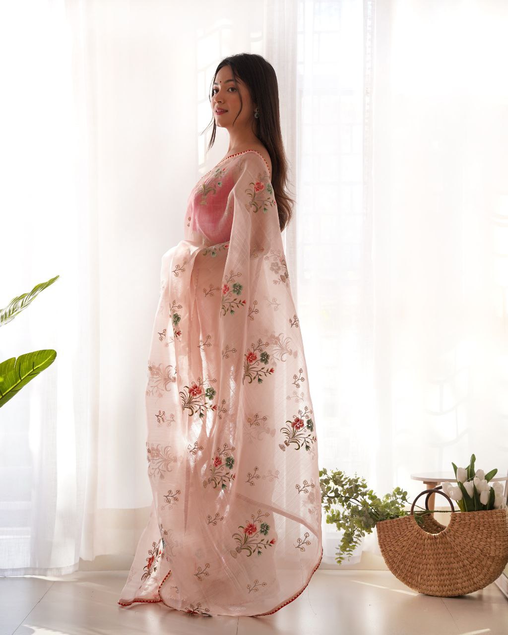 Teeya Creation Peach Color Khadi Organza Silk Embroidery Work Saree - Distacart
