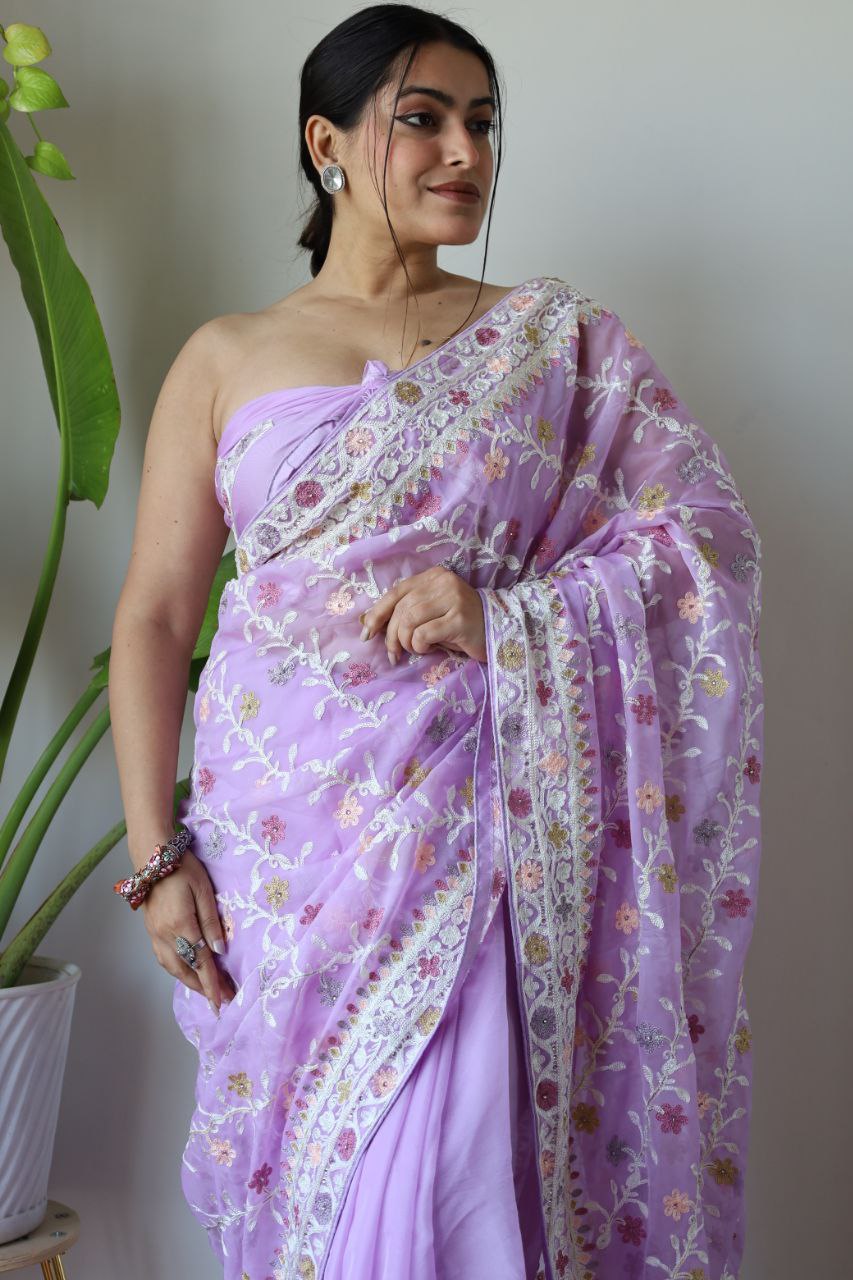 Teeya Creation Lavender Color Butterfly Net Heavy Embroidery Work Saree - Distacart