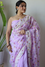 Thumbnail for Teeya Creation Lavender Color Butterfly Net Heavy Embroidery Work Saree - Distacart