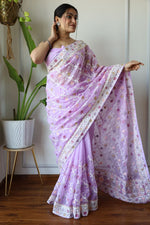 Thumbnail for Teeya Creation Lavender Color Butterfly Net Heavy Embroidery Work Saree - Distacart