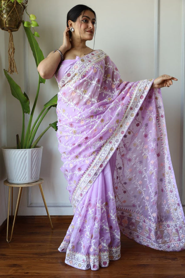 Teeya Creation Lavender Color Butterfly Net Heavy Embroidery Work Saree - Distacart