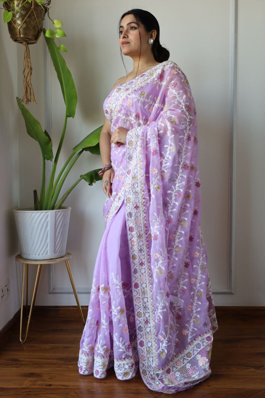 Teeya Creation Lavender Color Butterfly Net Heavy Embroidery Work Saree - Distacart