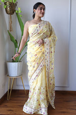 Thumbnail for Teeya Creation Lemon Yellow Color Butterfly Net Heavy Embroidery Work Saree - Distacart