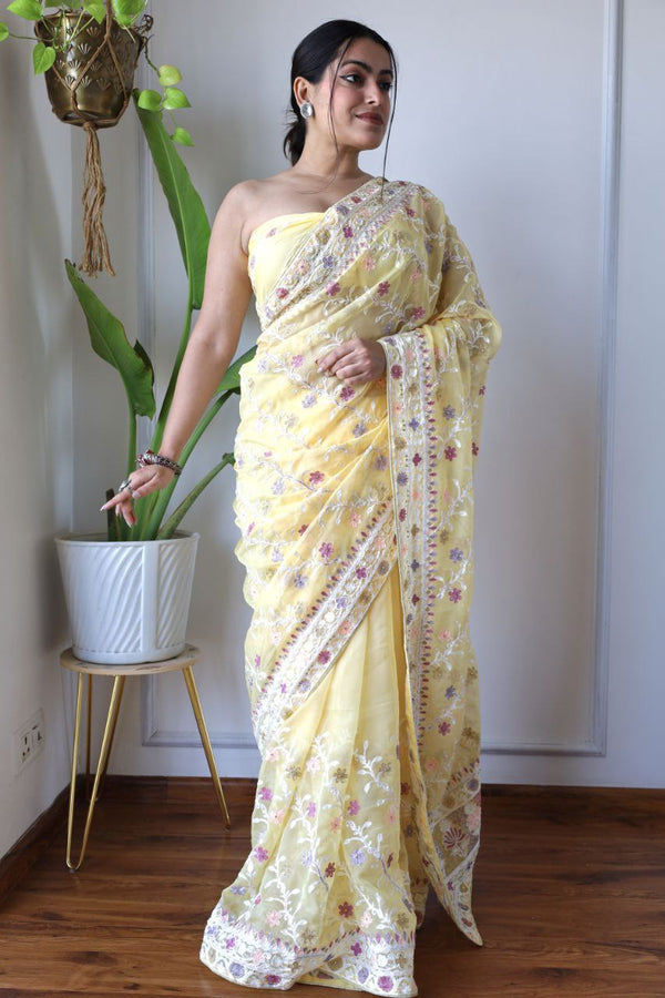 Teeya Creation Lemon Yellow Color Butterfly Net Heavy Embroidery Work Saree - Distacart