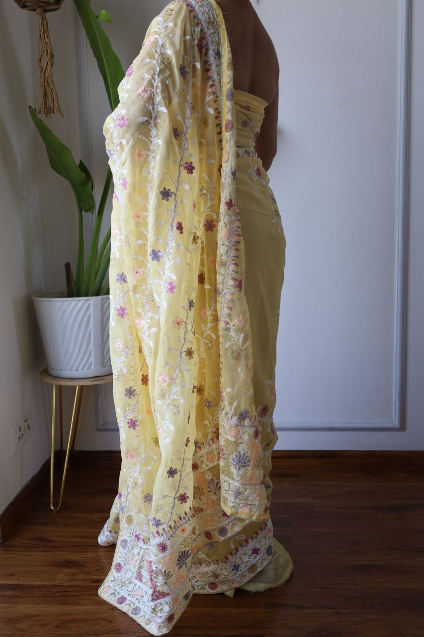 Teeya Creation Lemon Yellow Color Butterfly Net Heavy Embroidery Work Saree - Distacart