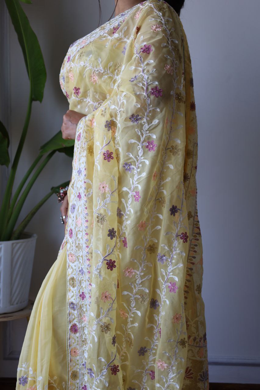 Teeya Creation Lemon Yellow Color Butterfly Net Heavy Embroidery Work Saree - Distacart