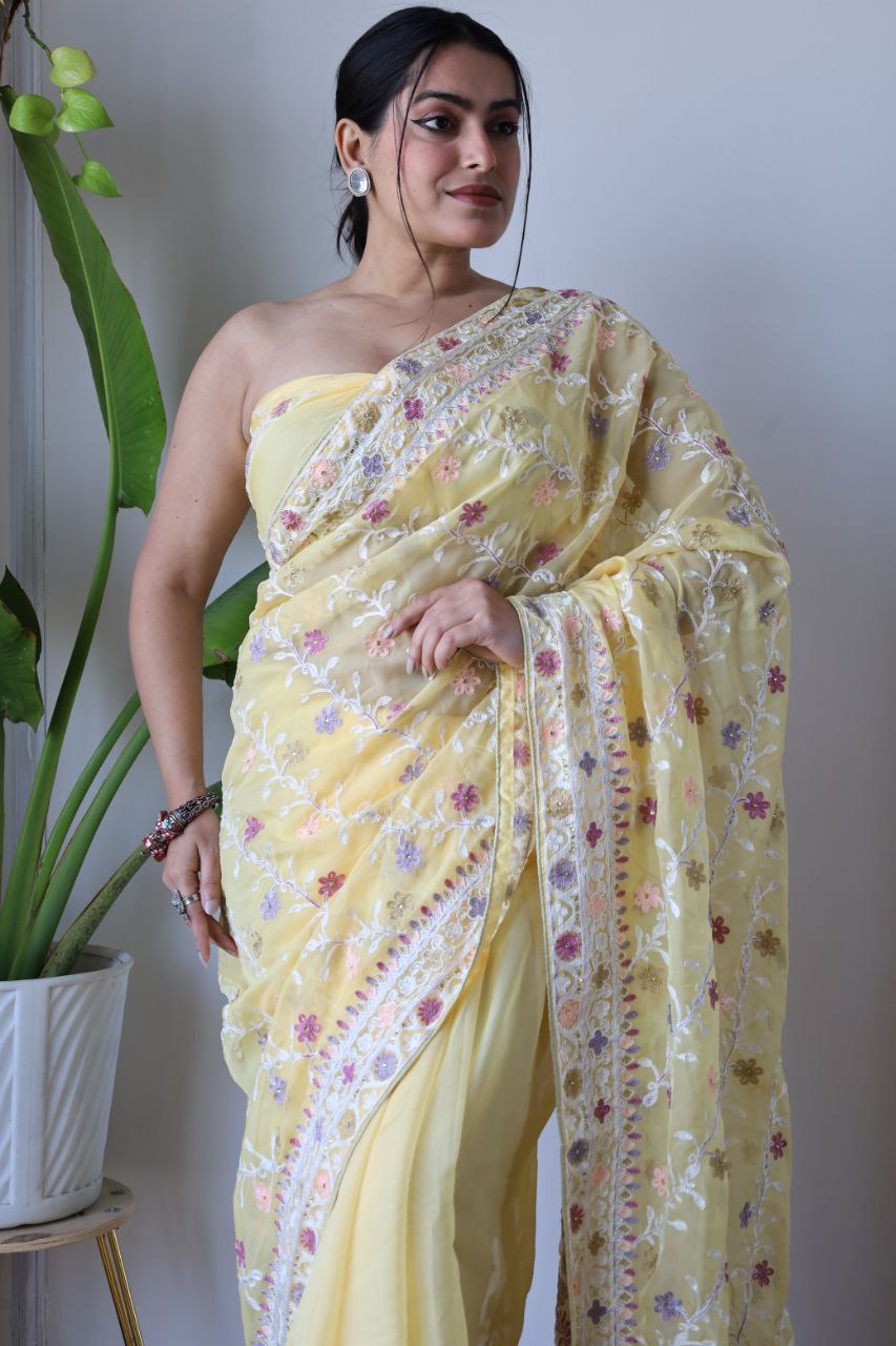 Teeya Creation Lemon Yellow Color Butterfly Net Heavy Embroidery Work Saree - Distacart