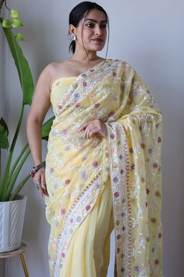 Teeya Creation Lemon Yellow Color Butterfly Net Heavy Embroidery Work Saree - Distacart