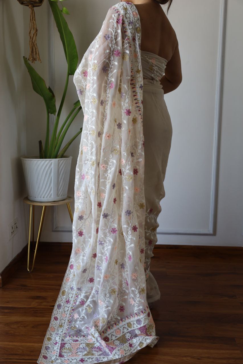 Teeya Creation Off White Color Butterfly Net Heavy Embroidery Work Saree - Distacart