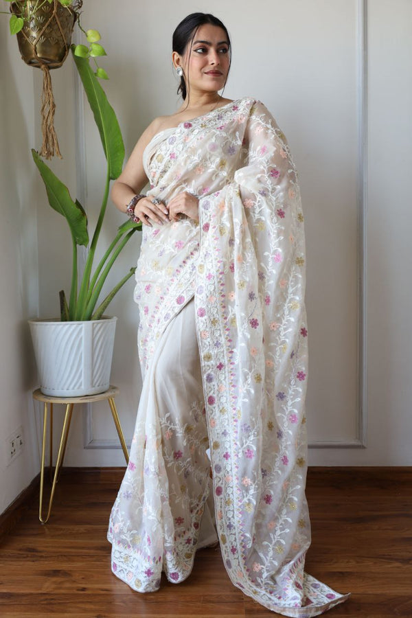 Teeya Creation Off White Color Butterfly Net Heavy Embroidery Work Saree - Distacart