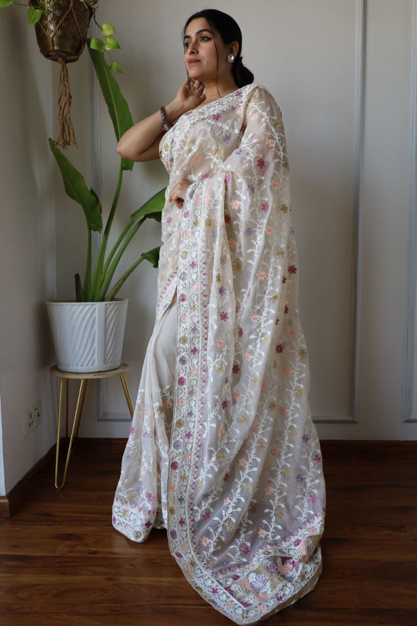 Teeya Creation Off White Color Butterfly Net Heavy Embroidery Work Saree - Distacart