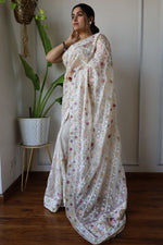 Thumbnail for Teeya Creation Off White Color Butterfly Net Heavy Embroidery Work Saree - Distacart