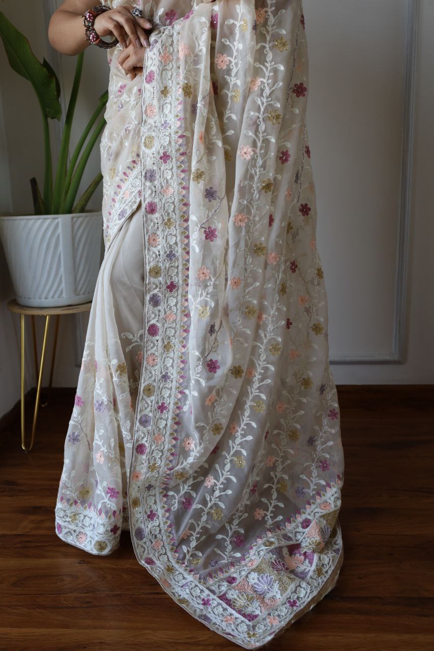 Teeya Creation Off White Color Butterfly Net Heavy Embroidery Work Saree - Distacart