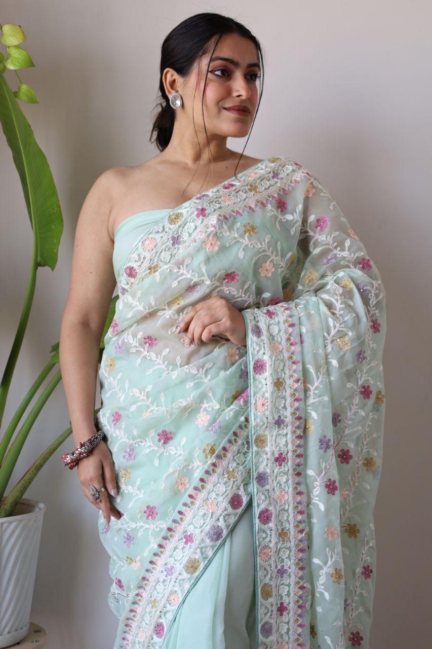 Teeya Creation Sky Color Butterfly Net Heavy Embroidery Work Saree - Distacart