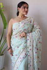 Thumbnail for Teeya Creation Sky Color Butterfly Net Heavy Embroidery Work Saree - Distacart