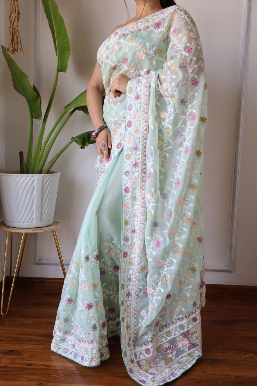 Teeya Creation Sky Color Butterfly Net Heavy Embroidery Work Saree - Distacart