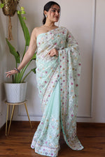 Thumbnail for Teeya Creation Sky Color Butterfly Net Heavy Embroidery Work Saree - Distacart