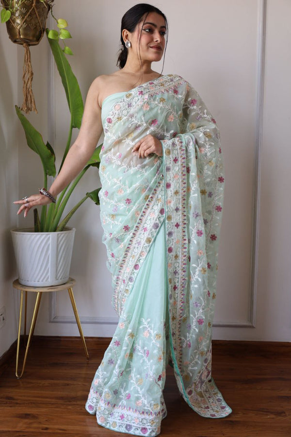 Teeya Creation Sky Color Butterfly Net Heavy Embroidery Work Saree - Distacart