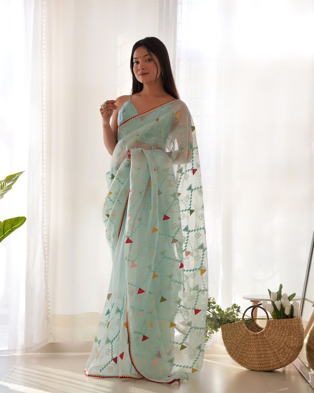 Teeya Creation Sky Blue Color Khadi Organza Silk Embroidery Work Saree - Distacart