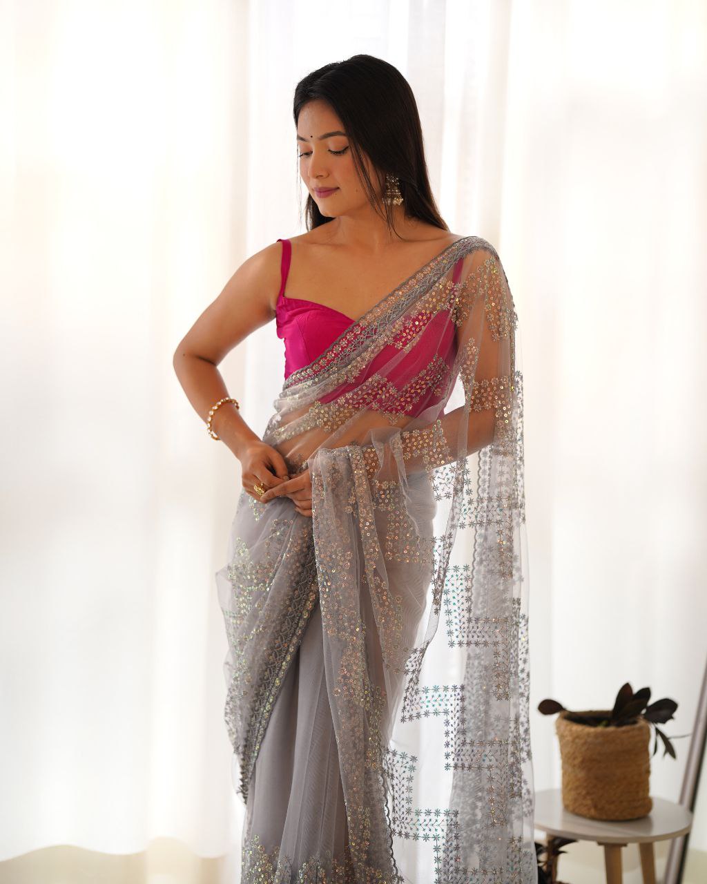 Teeya Creation Grey Color Butterfly Net Heavy Work Saree - Distacart